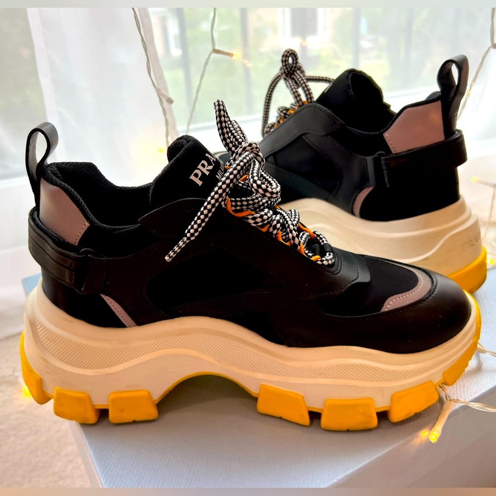 Prada Lace-Up Chunky Yellow Black and White Platform Shoes Sneakers Reflecting